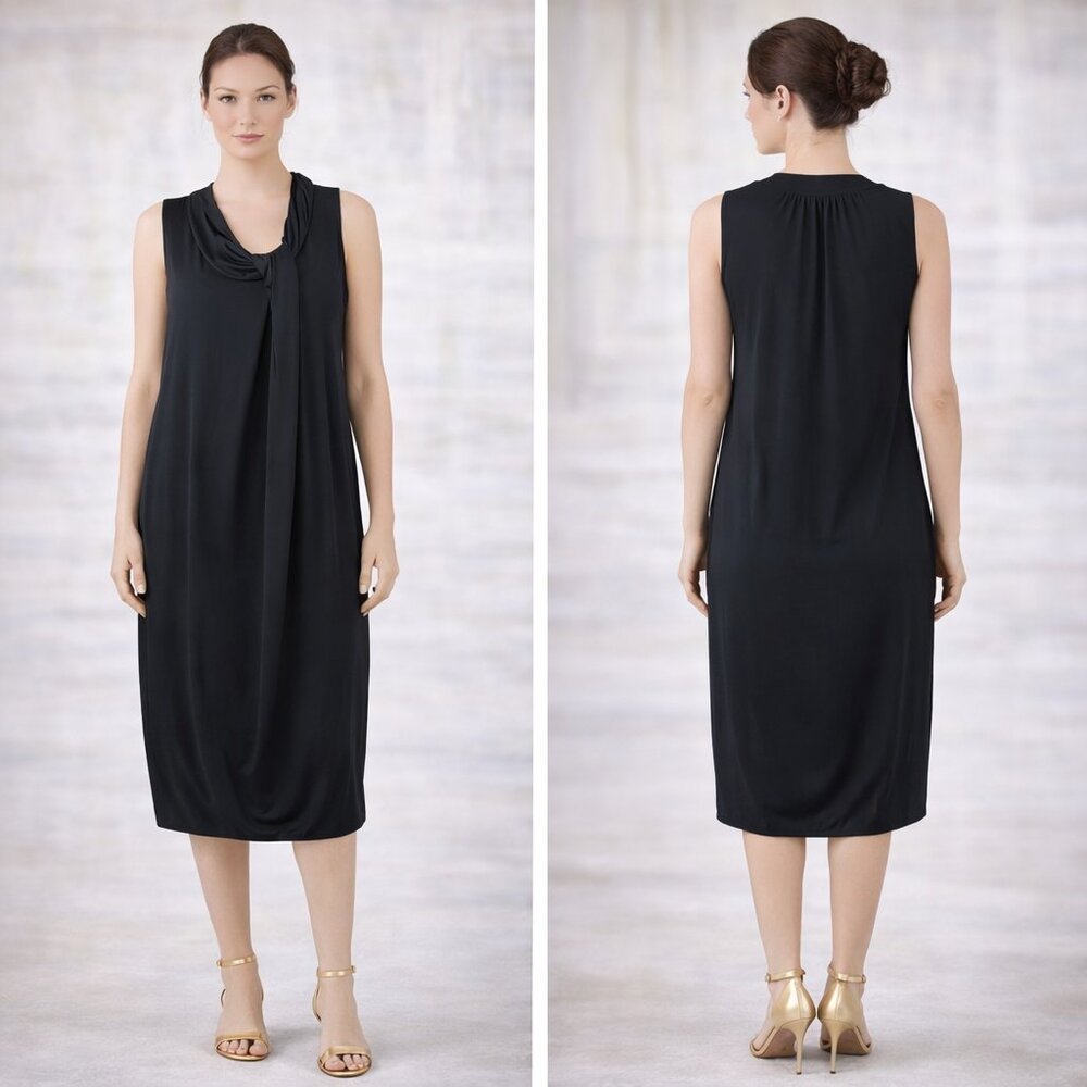 Theory Asymmetric Pleated Bubble Midi Black Dress